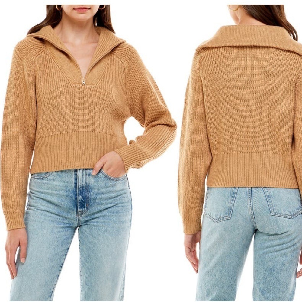 WAYF Nellie‎ Half Zip Cropped Pullover in Camel